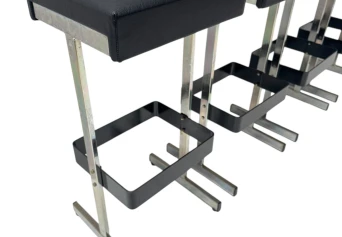 Four Mid-Century Modern Bar Stools with Black Leather Seats, 1970s